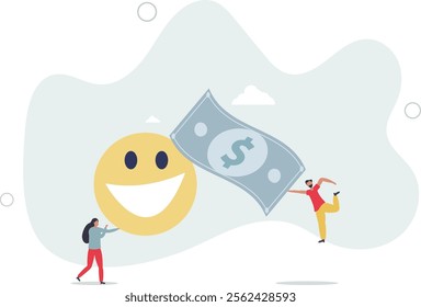 Money can buy happiness, philosophy or life success dilemma, financial goal vs work life balance and enjoy life concept.flat characters.