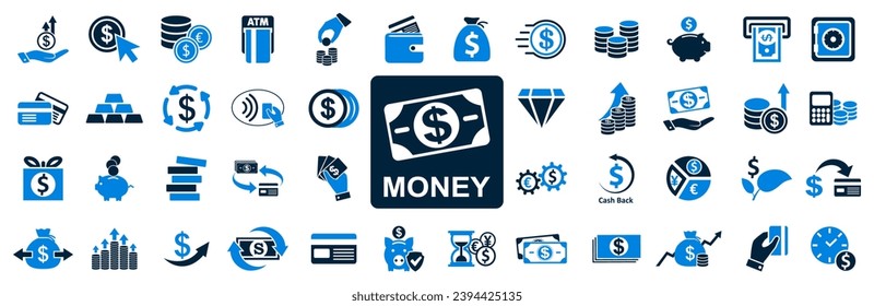 Money capital set icons. Set of coins, dollar, banking credit card payment, currency exchange, cashback, wallet, money service, capital increase, savings accumulation, dollar rate increase