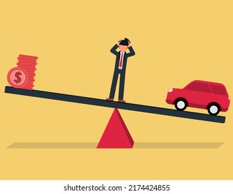 Money And Car, Business Deficit Concept. Stressful Businessman Standing On The Unbalanced Seesaw Between Income And Daily Expenses