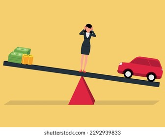 Money and Car, Business Deficit concept. Stressful business woman standing on the unbalanced seesaw between income and Daily Expenses