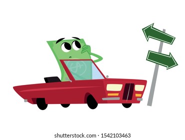 Money in a car looking for a best profitable way. Choice between 2 options to increase profits, thinking about the right investment. Entrepreneurship. Taking a risk. Vector Illustration. Flat design. 