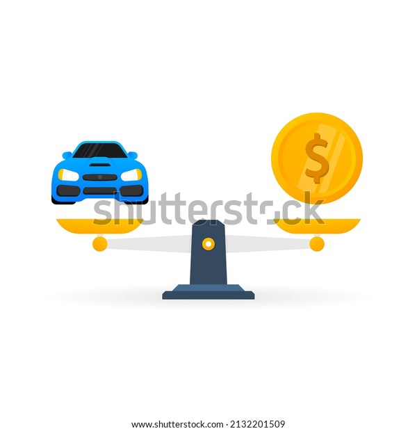 Money car scales in flat style on gold\
background. Flat vector\
illustration