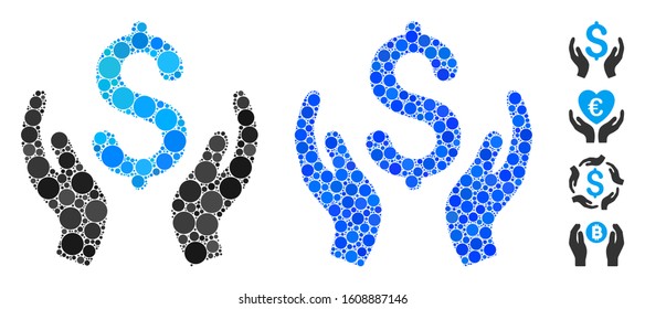Money care hands composition of filled circles in variable sizes and shades, based on money care hands icon. Vector filled circles are grouped into blue composition.
