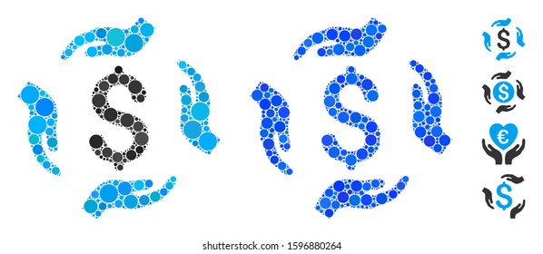 Money care hands composition of spheric dots in different sizes and color tones, based on money care hands icon. Vector dots are grouped into blue composition.