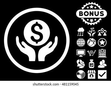 Money Care Hands icon with bonus. Vector illustration style is flat iconic symbols, white color, black background.