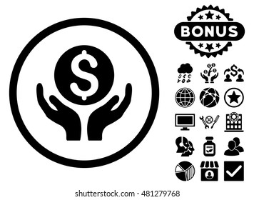 Money Care Hands icon with bonus. Vector illustration style is flat iconic symbols, black color, white background.