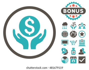 Money Care Hands icon with bonus. Vector illustration style is flat iconic bicolor symbols, grey and cyan colors, white background.