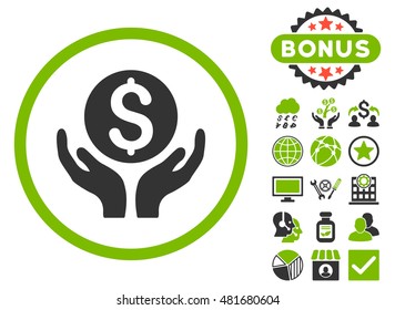 Money Care Hands icon with bonus. Vector illustration style is flat iconic bicolor symbols, eco green and gray colors, white background.