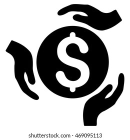 Money Care Hands icon. Vector style is flat iconic symbol with rounded angles, black color, white background.