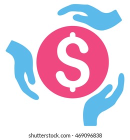 Money Care Hands icon. Vector style is bicolor flat iconic symbol with rounded angles, pink and blue colors, white background.