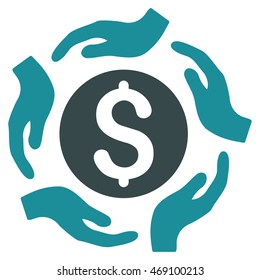 Money Care Hands icon. Vector style is bicolor flat iconic symbol with rounded angles, soft blue colors, white background.