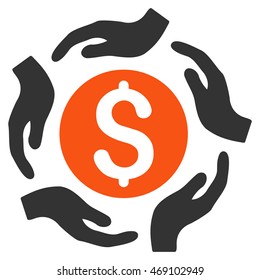 Money Care Hands icon. Vector style is bicolor flat iconic symbol with rounded angles, orange and gray colors, white background.