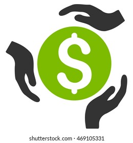 Money Care Hands icon. Vector style is bicolor flat iconic symbol with rounded angles, eco green and gray colors, white background.
