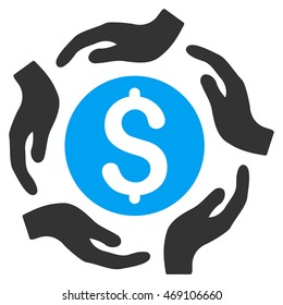 Money Care Hands icon. Vector style is bicolor flat iconic symbol with rounded angles, blue and gray colors, white background.