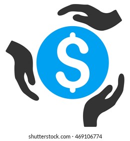 Money Care Hands icon. Vector style is bicolor flat iconic symbol with rounded angles, blue and gray colors, white background.