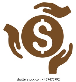 Money Care Hands icon. Vector style is flat iconic symbol with rounded angles, brown color, white background.