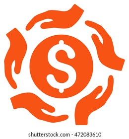 Money Care Hands icon. Vector style is flat iconic symbol with rounded angles, orange color, white background.