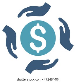 Money Care Hands icon. Vector style is bicolor flat iconic symbol with rounded angles, cyan and blue colors, white background.