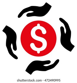 Money Care Hands icon. Vector style is bicolor flat iconic symbol with rounded angles, intensive red and black colors, white background.