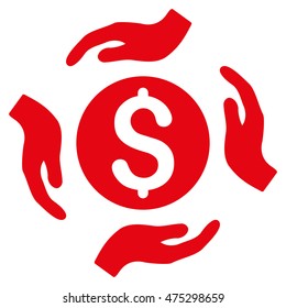 Money Care Hands icon. Vector style is flat iconic symbol with rounded angles, red color, white background.