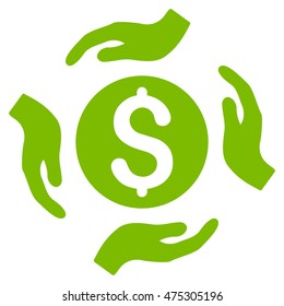 Money Care Hands icon. Vector style is flat iconic symbol with rounded angles, eco green color, white background.