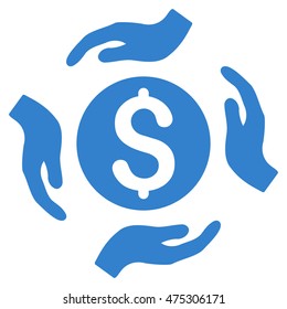 Money Care Hands icon. Vector style is flat iconic symbol with rounded angles, cobalt color, white background.
