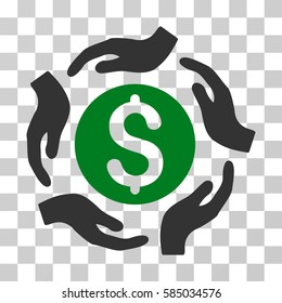 Money Care Hands icon. Vector illustration style is flat iconic bicolor symbol, green and gray colors, transparent background. Designed for web and software interfaces.