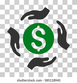 Money Care Hands icon. Vector illustration style is flat iconic bicolor symbol, green and gray colors, transparent background. Designed for web and software interfaces.