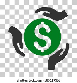 Money Care Hands icon. Vector illustration style is flat iconic bicolor symbol, green and gray colors, transparent background. Designed for web and software interfaces.