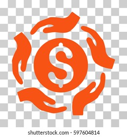 Money Care Hands icon. Vector illustration style is flat iconic symbol, orange color, transparent background. Designed for web and software interfaces.