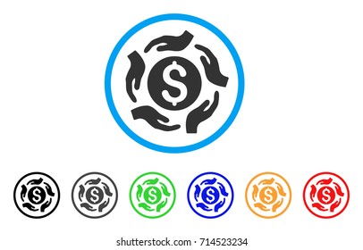 Money Care Hands icon. Vector illustration style is a flat iconic money care hands grey rounded symbol inside light blue circle with black, gray, green, blue, red, orange color additional versions.