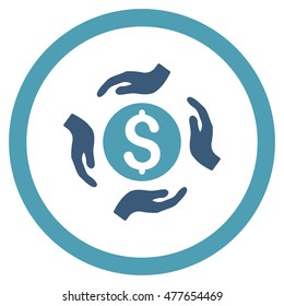 Money Care Hands rounded icon. Vector illustration style is flat iconic bicolor symbol, cyan and blue colors, white background.