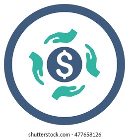 Money Care Hands rounded icon. Vector illustration style is flat iconic bicolor symbol, cobalt and cyan colors, white background.