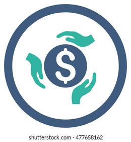 Money Care Hands rounded icon. Vector illustration style is flat iconic bicolor symbol, cobalt and cyan colors, white background.