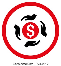Money Care Hands rounded icon. Vector illustration style is flat iconic bicolor symbol, intensive red and black colors, white background.