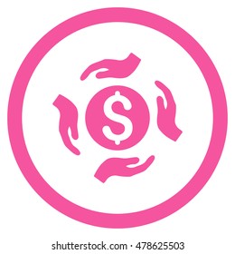 Money Care Hands rounded icon. Vector illustration style is flat iconic symbol, pink color, white background.