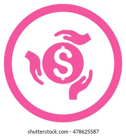 Money Care Hands rounded icon. Vector illustration style is flat iconic symbol, pink color, white background.