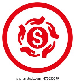 Money Care Hands rounded icon. Vector illustration style is flat iconic symbol, red color, white background.