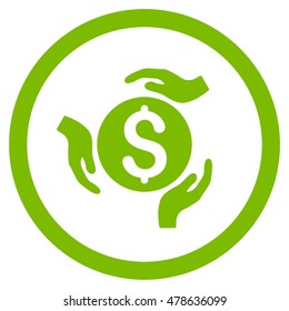 Money Care Hands rounded icon. Vector illustration style is flat iconic symbol, eco green color, white background.