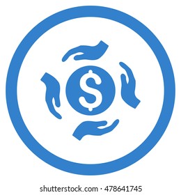 Money Care Hands rounded icon. Vector illustration style is flat iconic symbol, cobalt color, white background.