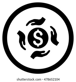 Money Care Hands rounded icon. Vector illustration style is flat iconic symbol, black color, white background.