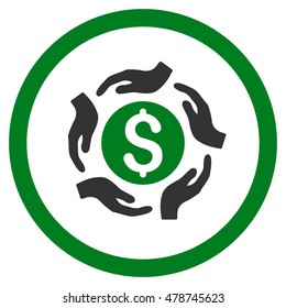 Money Care Hands rounded icon. Vector illustration style is flat iconic bicolor symbol, green and gray colors, white background.