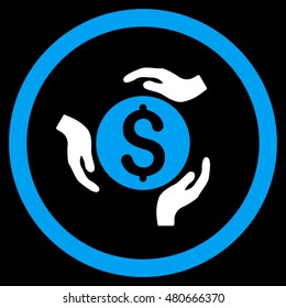 Money Care Hands rounded icon. Vector illustration style is flat iconic bicolor symbol, blue and white colors, black background.