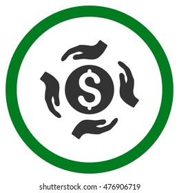 Money Care Hands vector bicolor rounded icon. Image style is a flat icon symbol inside a circle, green and gray colors, white background.