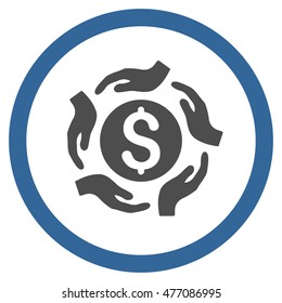 Money Care Hands vector bicolor rounded icon. Image style is a flat icon symbol inside a circle, cobalt and gray colors, white background.