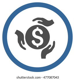 Money Care Hands vector bicolor rounded icon. Image style is a flat icon symbol inside a circle, cobalt and gray colors, white background.