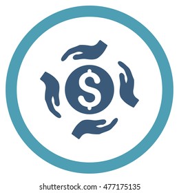 Money Care Hands vector bicolor rounded icon. Image style is a flat icon symbol inside a circle, cyan and blue colors, white background.
