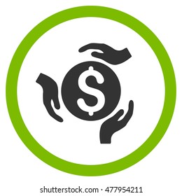 Money Care Hands vector bicolor rounded icon. Image style is a flat icon symbol inside a circle, eco green and gray colors, white background.