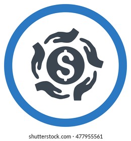 Money Care Hands vector bicolor rounded icon. Image style is a flat icon symbol inside a circle, smooth blue colors, white background.