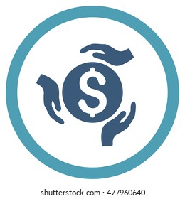 Money Care Hands vector bicolor rounded icon. Image style is a flat icon symbol inside a circle, cyan and blue colors, white background.